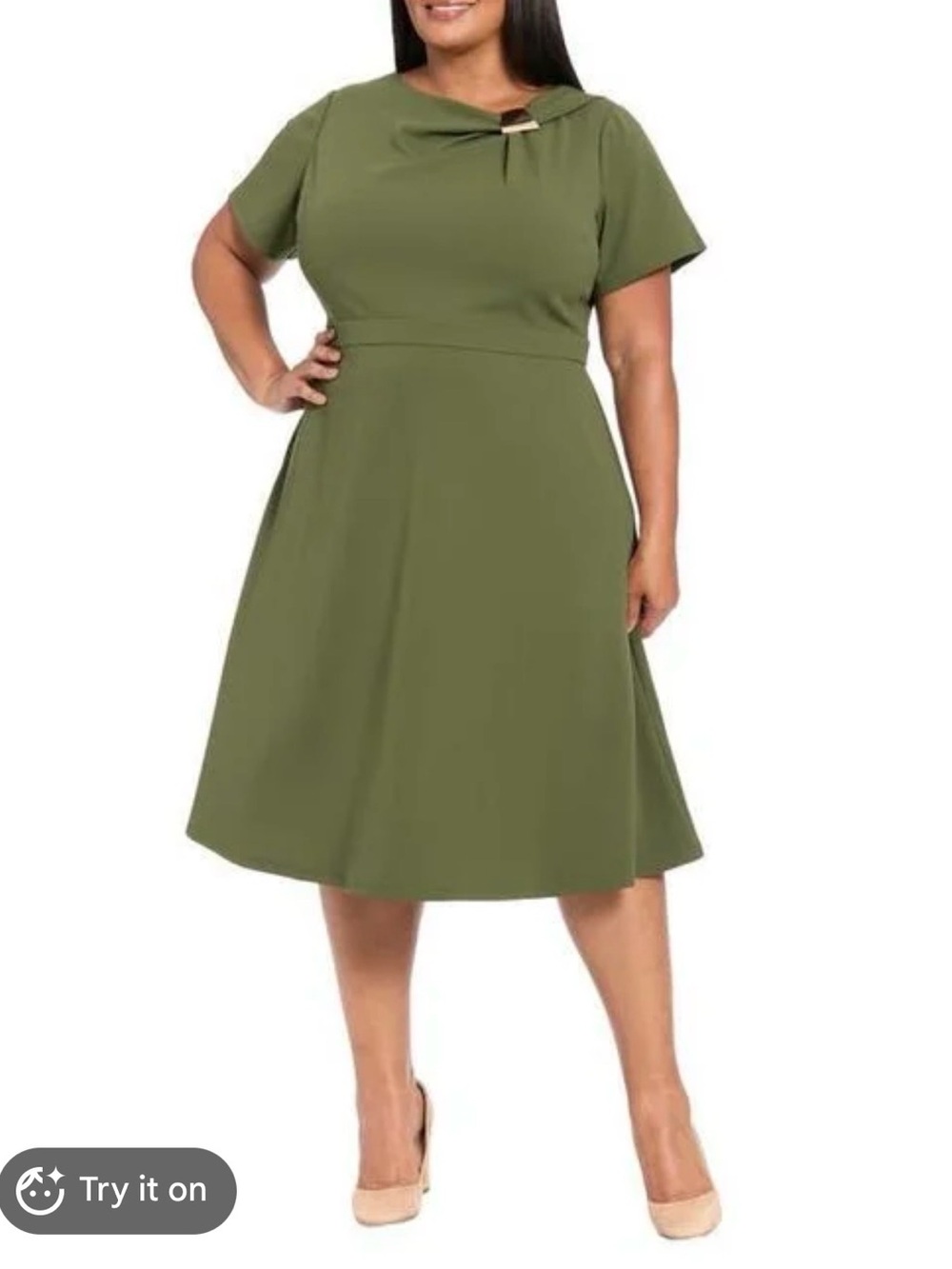 London Times Gold Hardware Accent Olive Green Fit & Flare Dress, Size 20w, NWOT